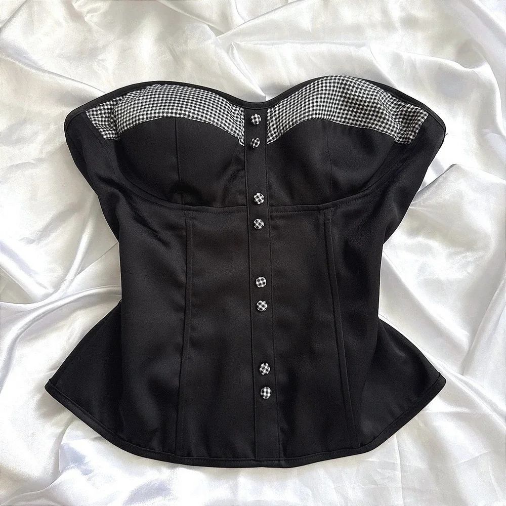 Charlotte Russe Black Gingham Corset Top Strapless Sweetheart Bustier Large